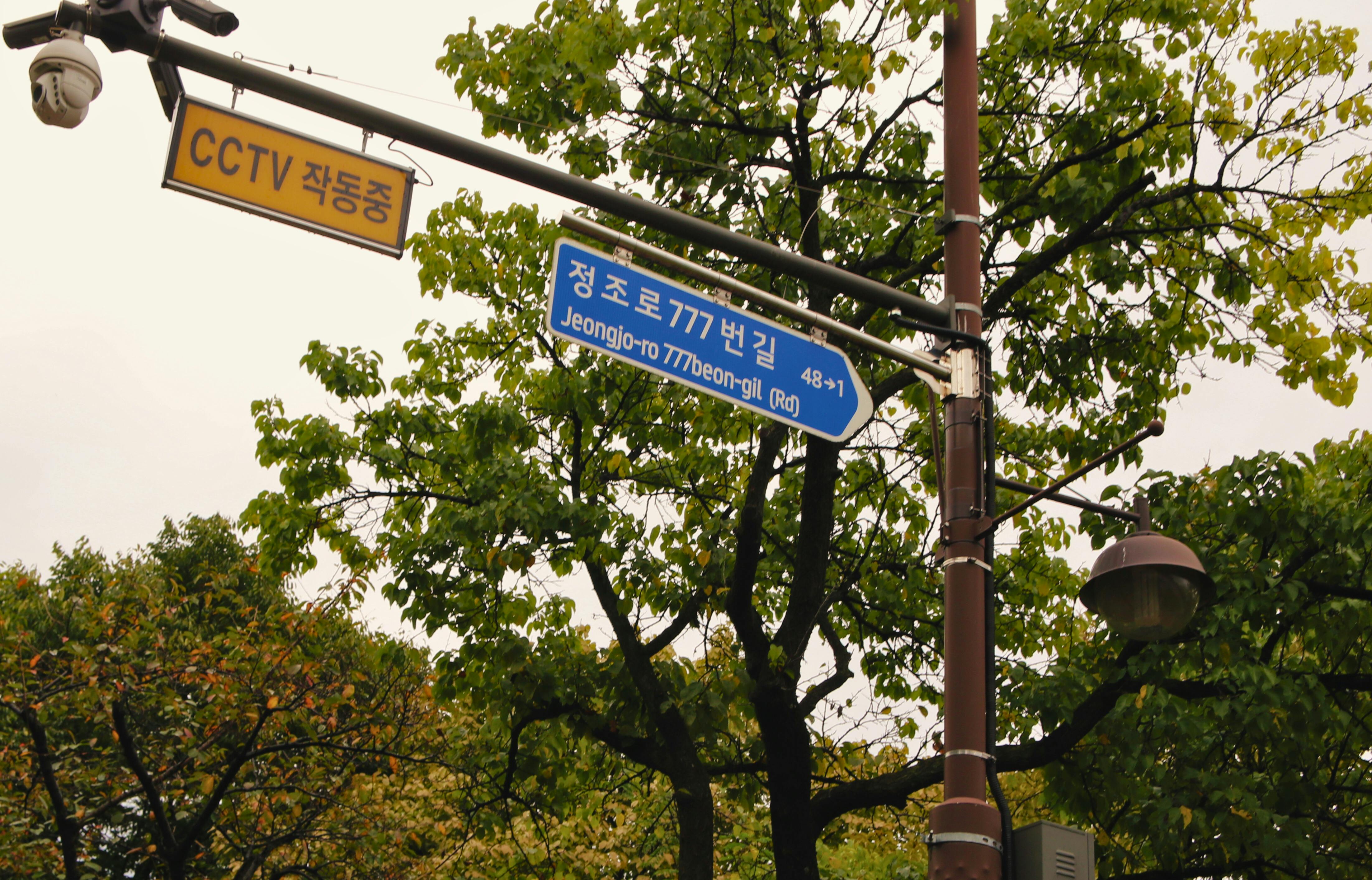 Street sign at Jeongjo-ro, Suwon, with CCTV security camera and lush trees.