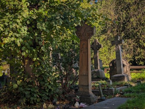 Free Peaceful scene capturing the lush greenery and historic tombstones in a London cemetery. Stock Photo