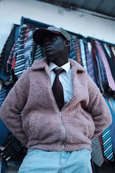 Young man in stylish pink jacket poses against backdrop of vibrant neckties.