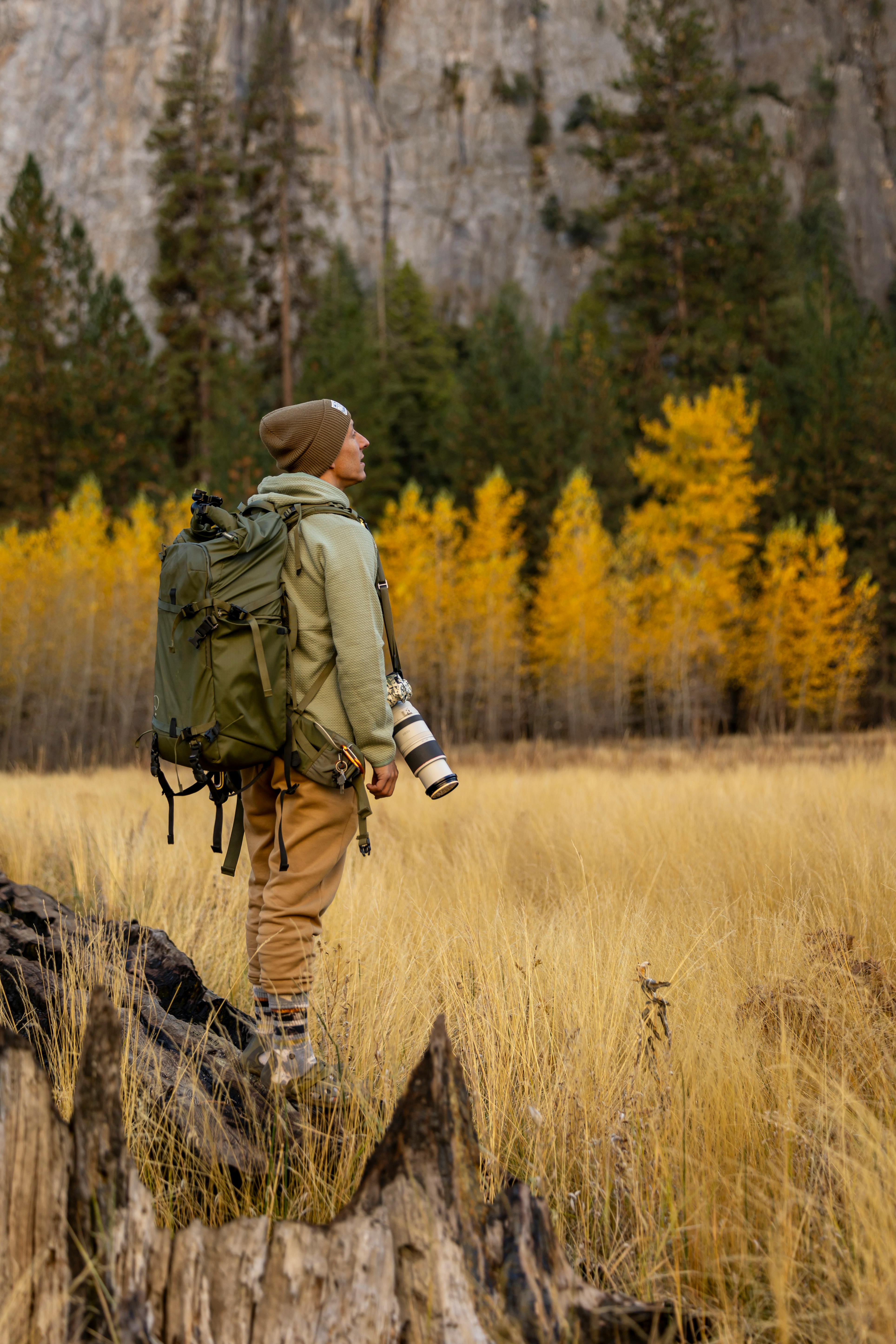 Gratuit Un randonneur avec un gros sac à dos profite des paysages d'automne dans une forêt d'un parc national. Photos