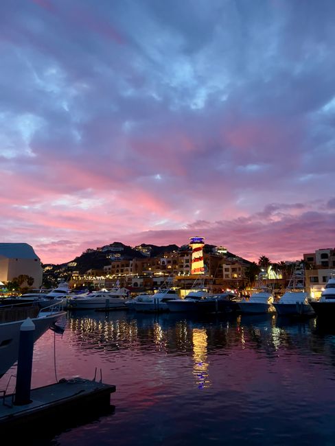 Sunset view over the Cabo San Lucas marina lined with boats and shops