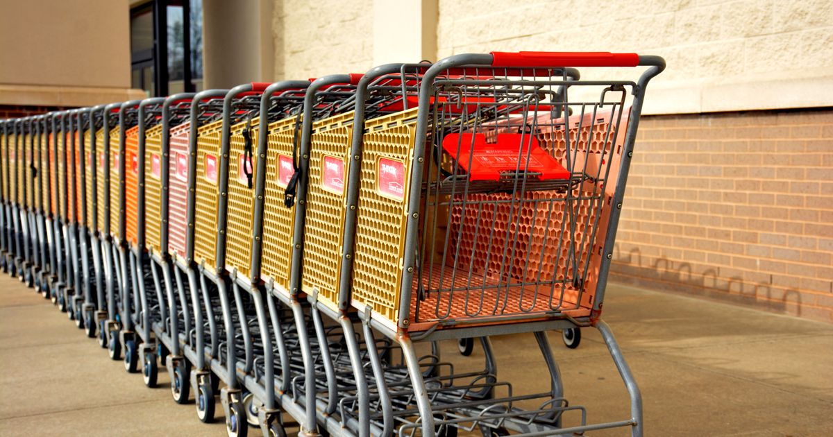 A line of empty shopping carts outside a retail store on a sunny day.