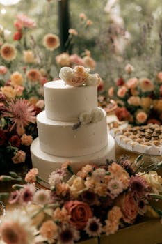 Three-tier wedding cake adorned with flowers amidst an arrangement of colorful blooms.