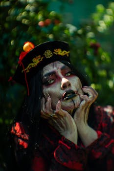 A haunting portrait of a person in artistic makeup and traditional Chinese attire.