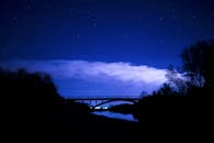 在一个宁静的星光之夜，河面上映出一座桥梁的轮廓