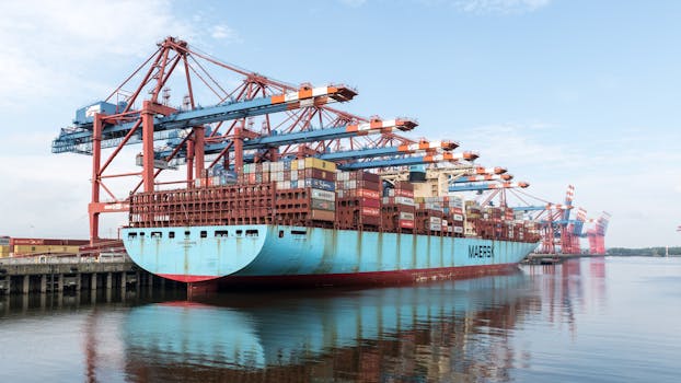 A large container ship docked at the Port of Hamburg with cranes loading cargo.