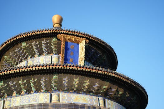 Close-up of the ornate roof of the Temple of Heaven in Beijing against a clear blue sky.