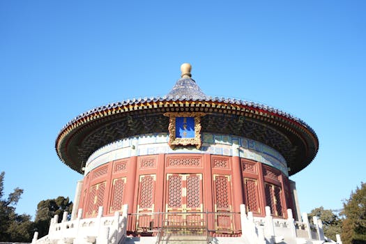 Captivating view of Temple of Heaven, Beijing, under a clear blue sky, showcasing traditional Chinese architecture.