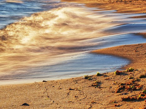A serene beach scene capturing golden waves under the setting sun, creating a peaceful coastal atmosphere.