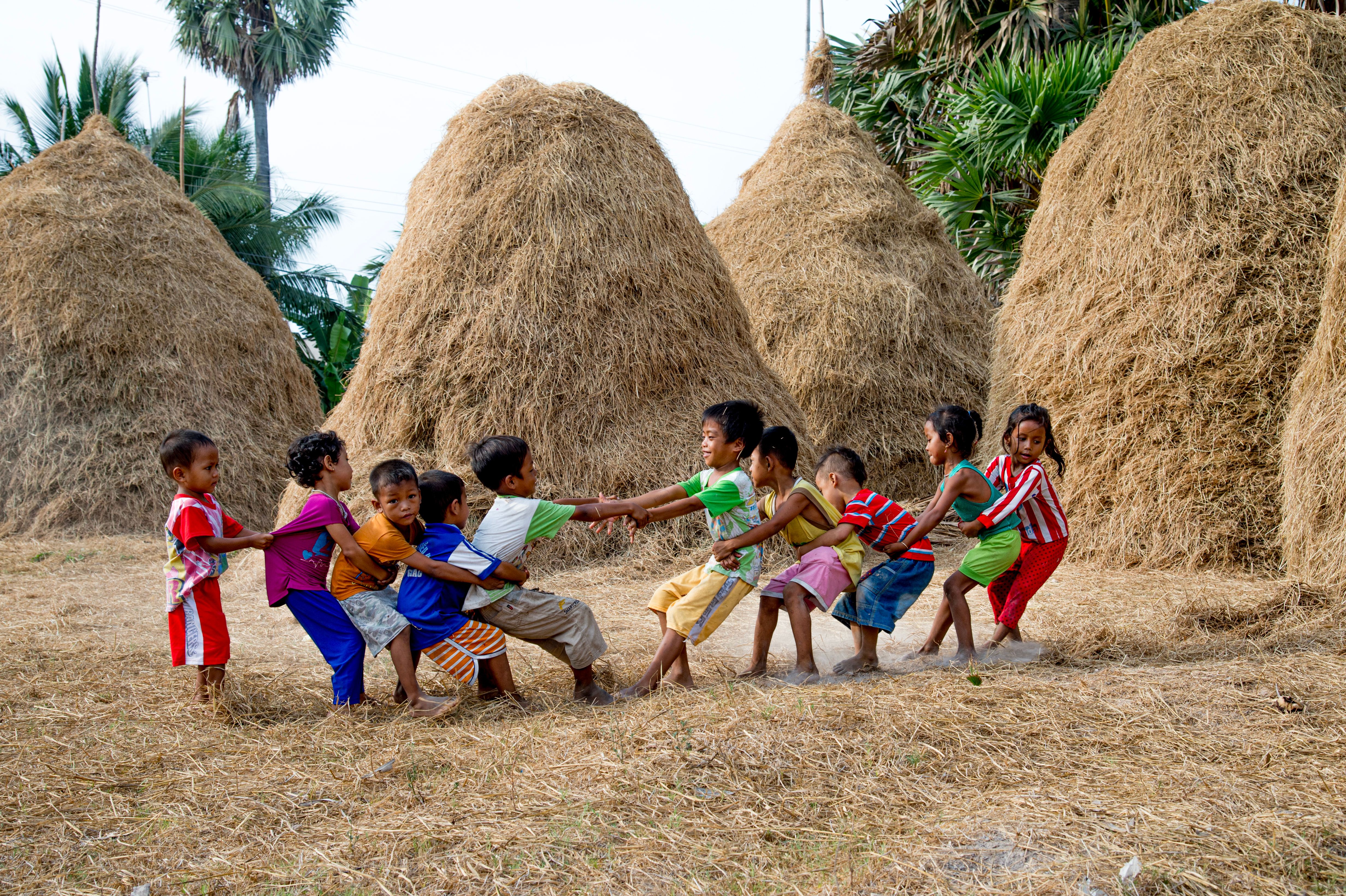 Niños Jugando Al Tira Y Afloja En Un Campo Rural · Foto de stock gratuita