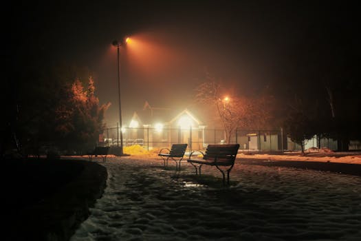 Eerie foggy night scene in a snowy park with benches under streetlights.