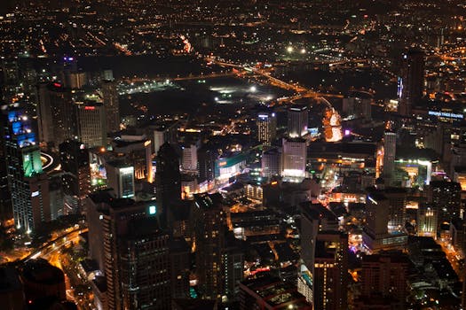 Breathtaking aerial view of Kuala Lumpur city illuminated at night showcasing vibrant city life.