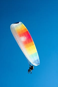 A colorful paraglider soaring against a clear blue sky, showcasing adventure and freedom.