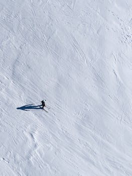 A lone skier navigates a steep snowy hill in this high-angle shot, epitomizing winter adventure.