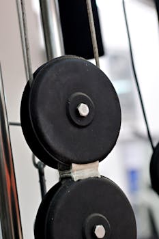 Detailed view of a pulley system used in gym equipment, highlighting mechanical components.