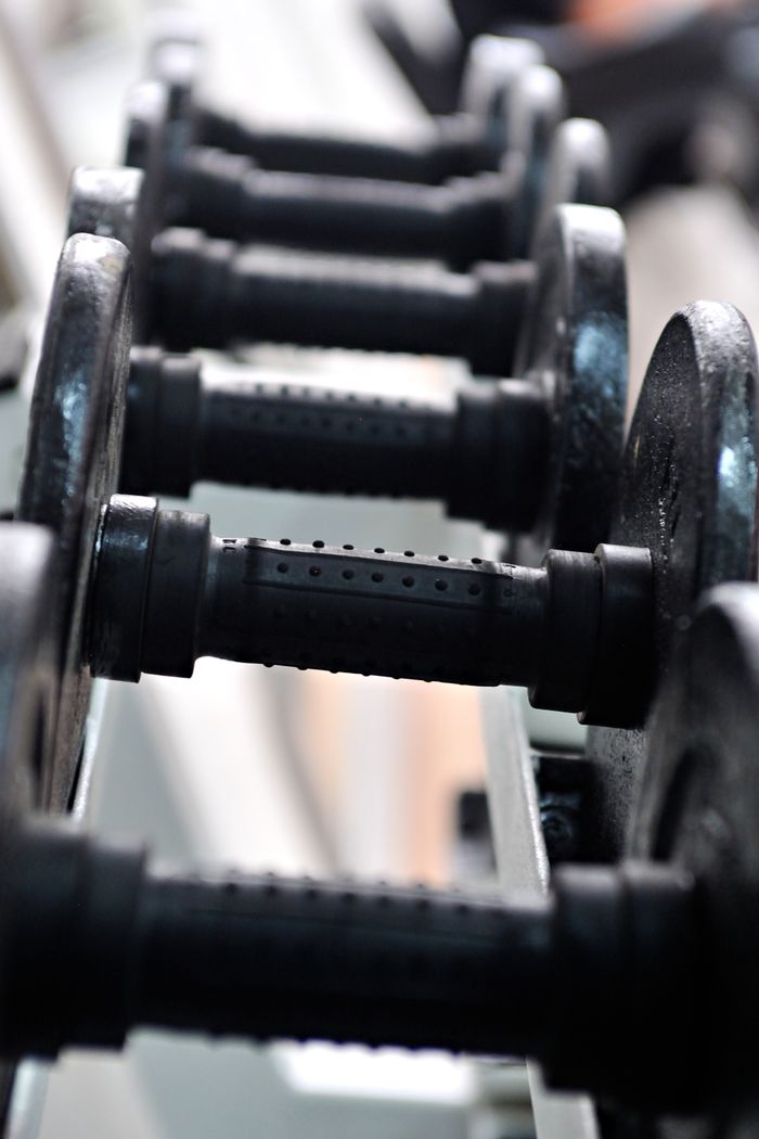 Close-up of dumbbells arranged in a modern gym