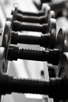 Artistic close-up of gym dumbbells with a monochrome finish, ideal for fitness themes.