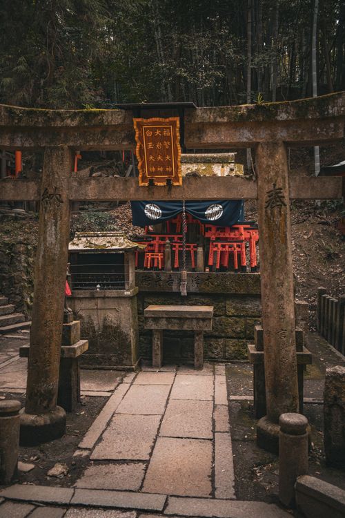 Free A serene view of a traditional Torii gate leading to a shrine in Kyoto, Japan. Stock Photo