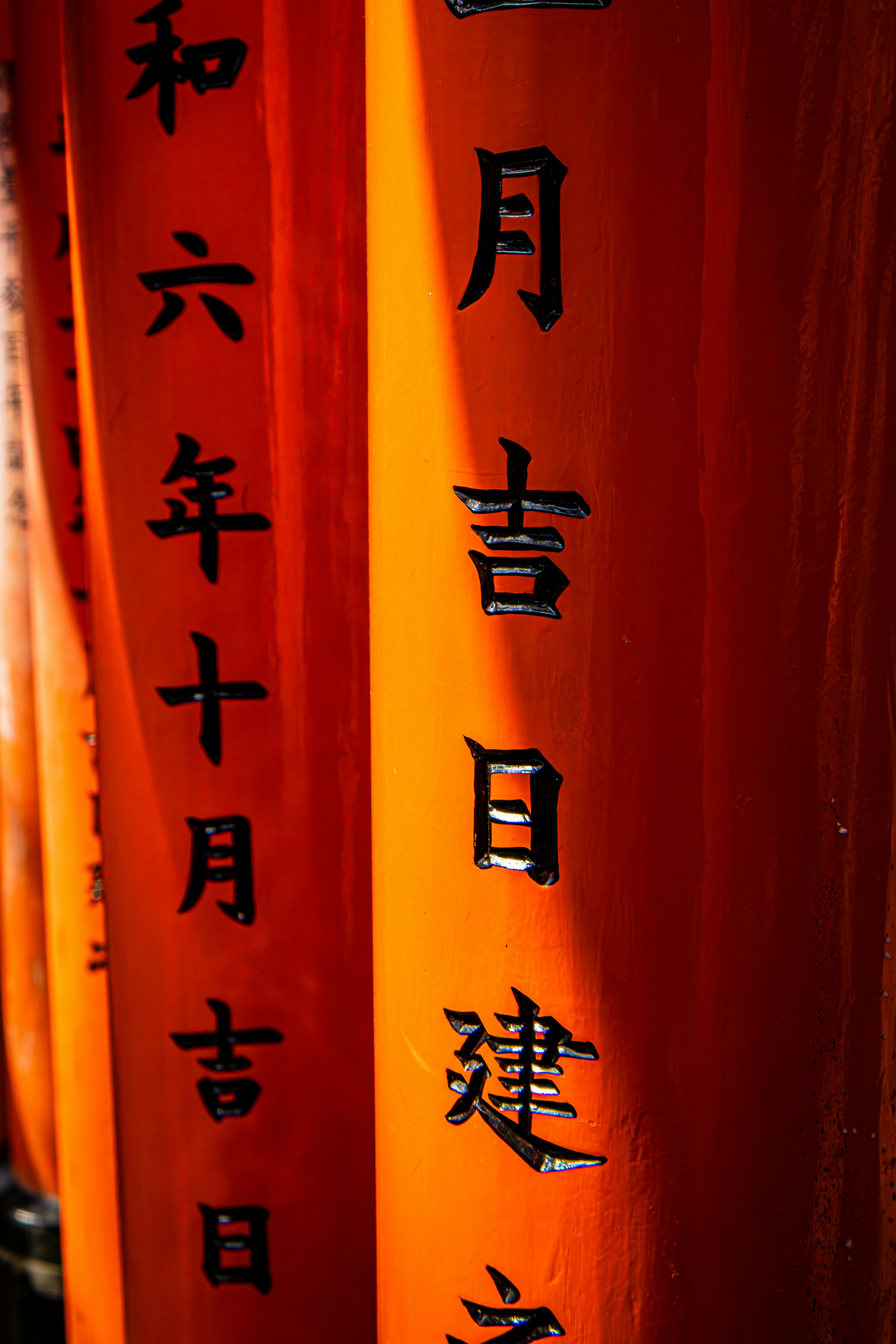 무료 일본 교토 후시미 이나리 신사의 일본어 글자가 새겨진 주황색 도리이(신사 입구 기둥)를 클로즈업한 사진. 스톡 사진