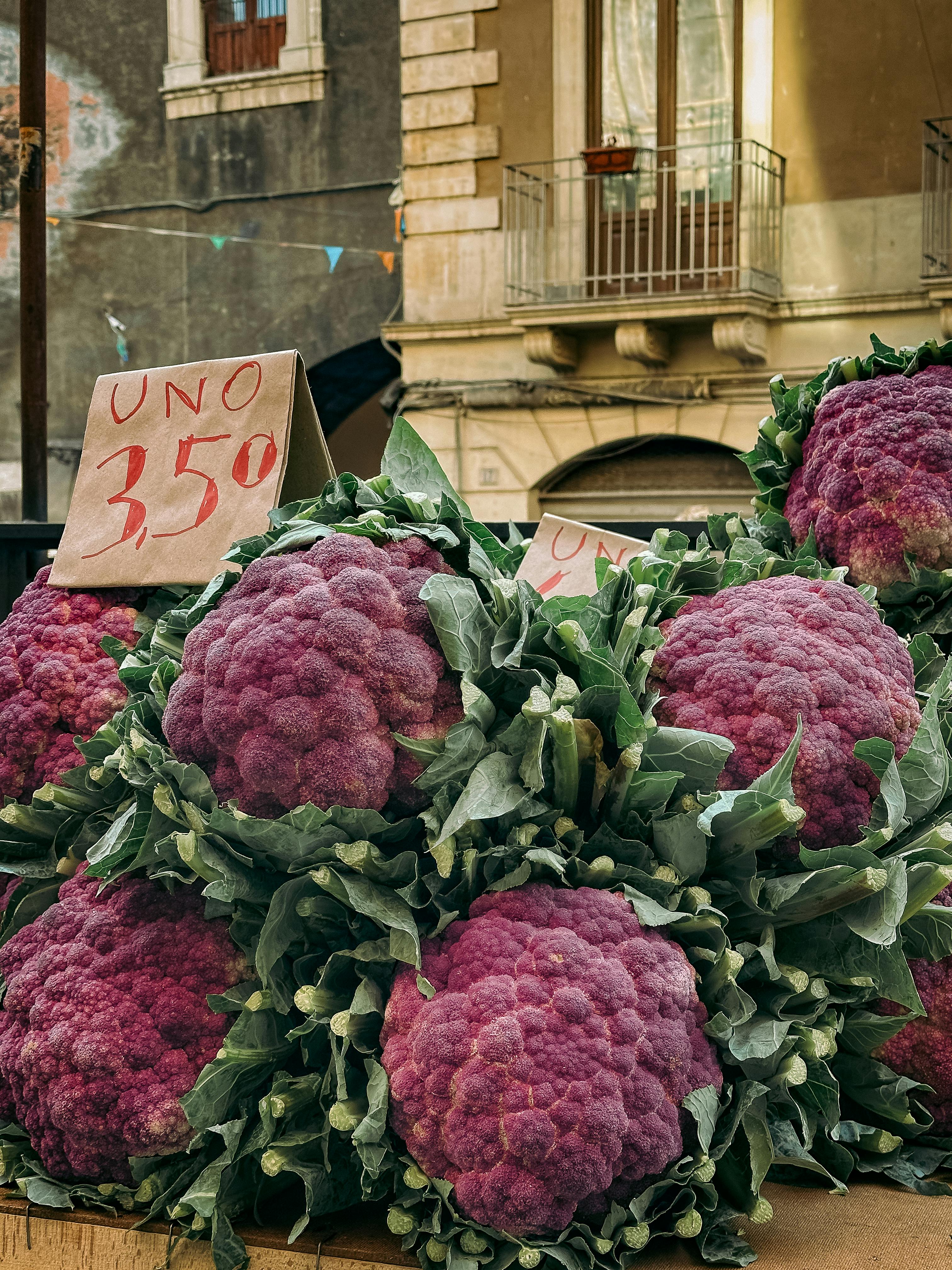 Fresh purple cauliflower for sale at a market in Catania, Sicily.