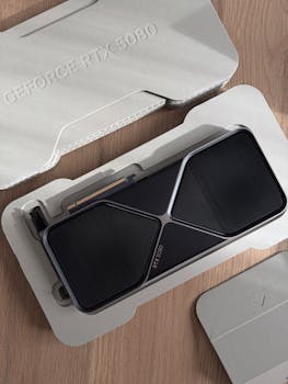 Top view of a GeForce RTX 3080 graphics card in premium packaging.