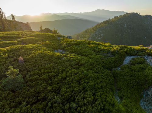 Free Breathtaking view of lush green landscape and mountain range at sunset. Stock Photo