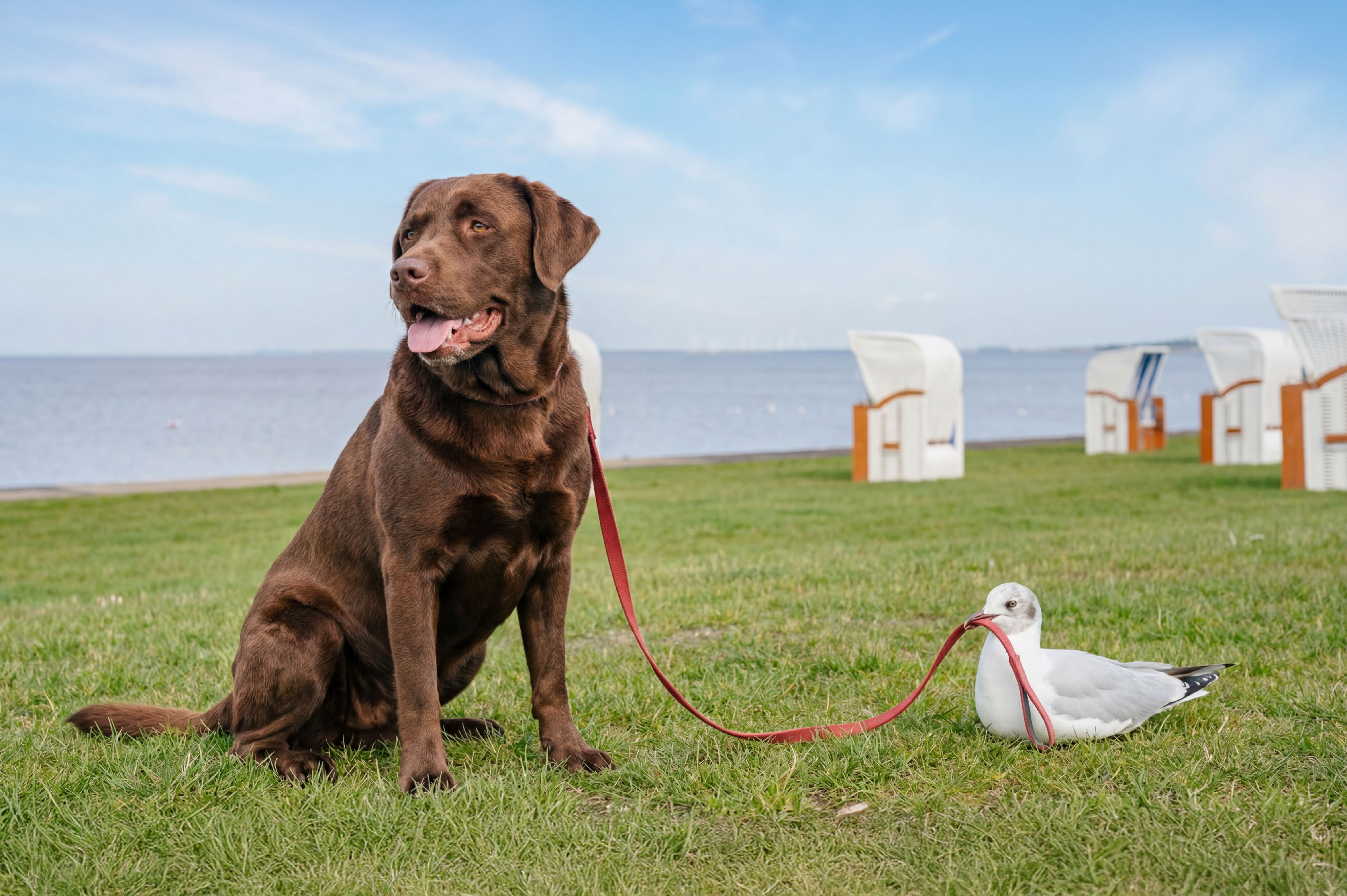Chocolate Labrador and Seagull at Husum Beach · Free Stock Photo