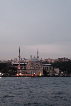 Explore the stunning twilight view of the iconic Ortaköy Mosque along the Bosphorus in Istanbul, Turkey.