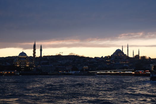 A stunning view of Istanbul's skyline at sunset, featuring iconic mosques silhouetted against the sky.