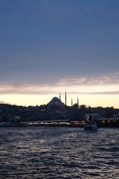 Stunning view of Istanbul skyline featuring a mosque silhouette against a dusky sky.