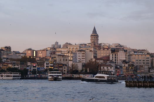 A beautiful dusk view of Istanbul featuring the iconic Galata Tower and waterfront.