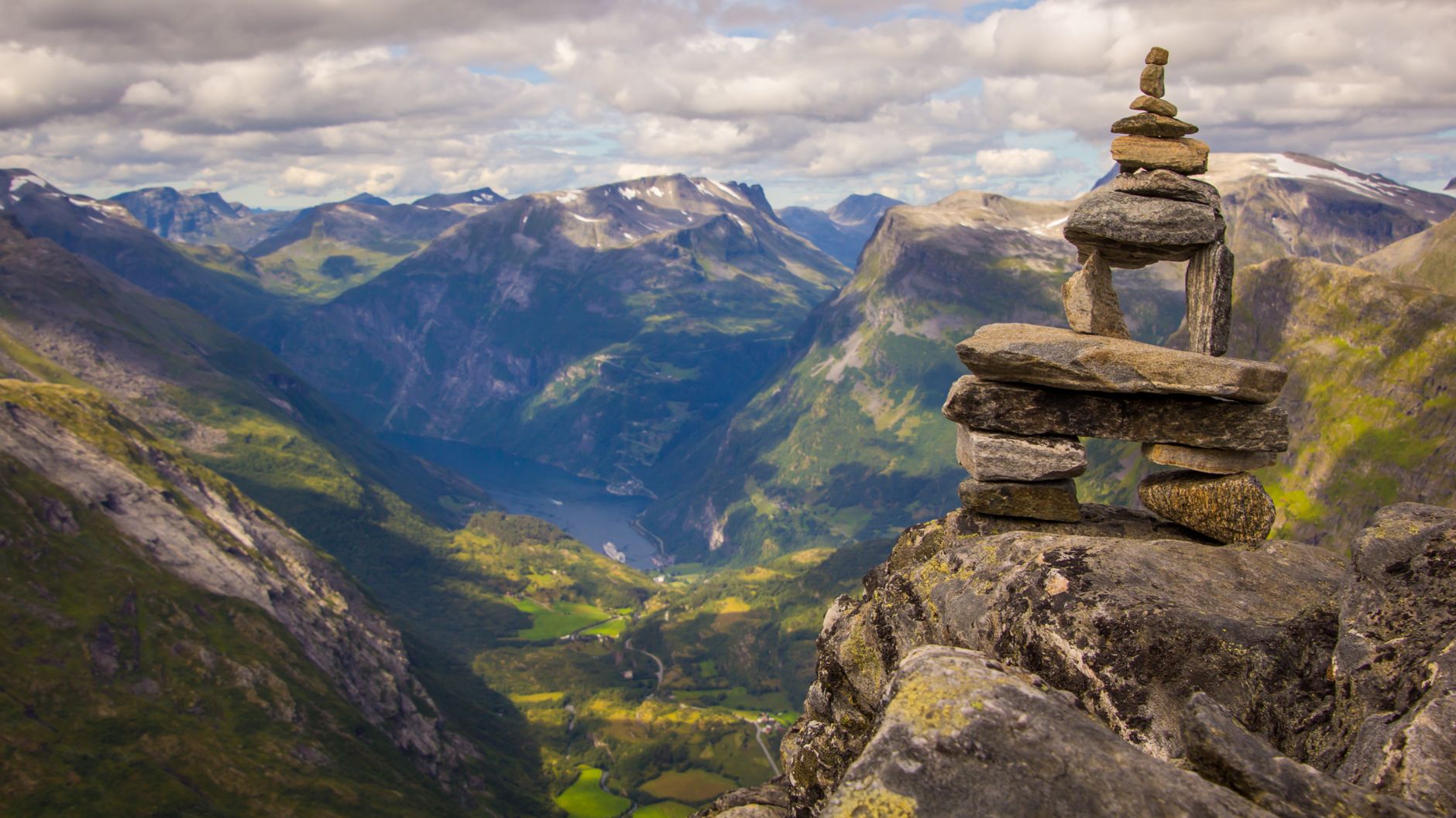 Panorama of Geirangerfjord seen from the Dalsnibba mountain viewpoint, Norway