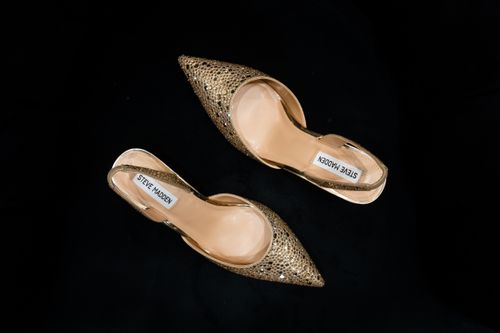 Free Top-down view of sparkly rhinestone high-heel shoes, elegant fashion accessory. Stock Photo