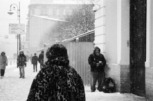 Free A snowy city street with people walking, in black and white Stock Photo
