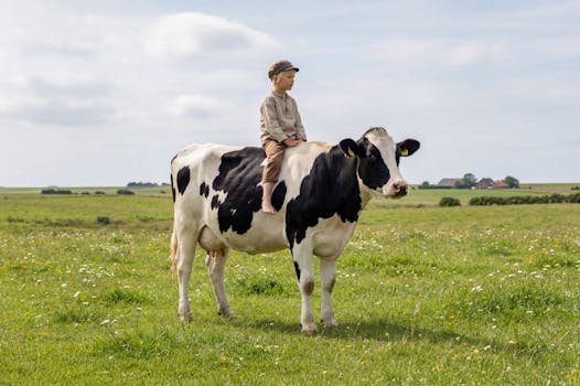 A child rides a Holstein cow in a sunny Schleswig-Holstein meadow, capturing rural life.