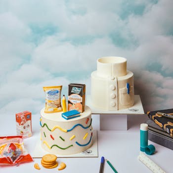 Artistic school-themed cakes with stationery items in a vibrant setting.