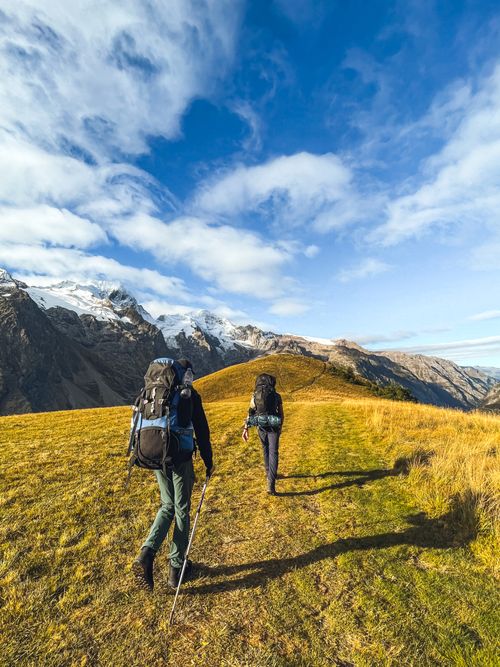 Free Two hikers walk along a scenic mountain trail in Vallouise-Pelvoux, Provence-Alpes-Côte d'Azur, France. Stock Photo