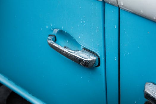 Free stock photo of aqua blue, camper van, door handle