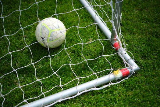 Close-up image of a soccer ball resting in a goal net on a vibrant green grass field.