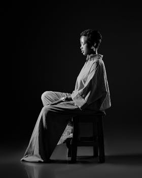 Artistic black and white portrait of a woman sitting gracefully, captured in profile.