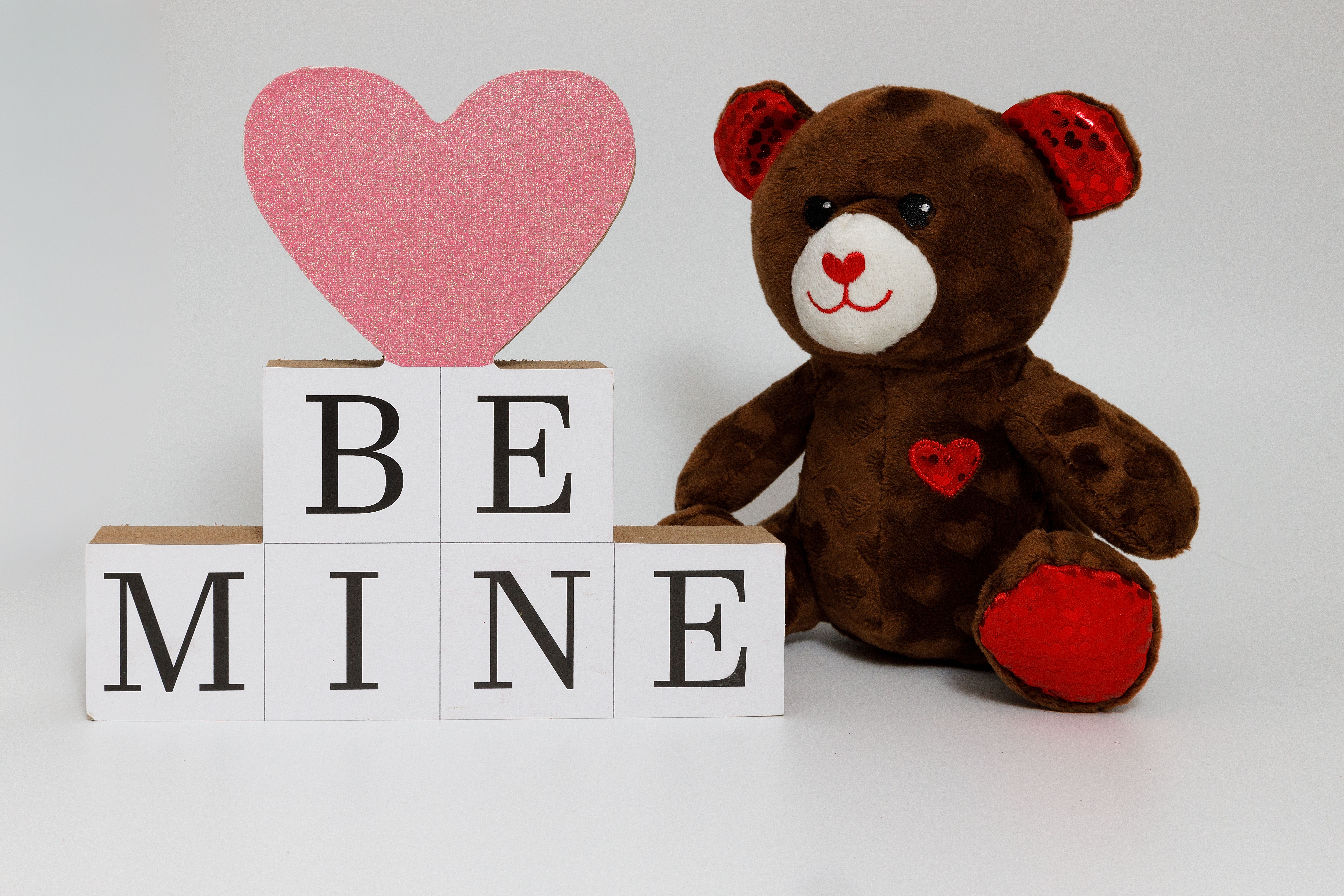 A cute teddy bear beside 'Be Mine' blocks for Valentine's Day decor.