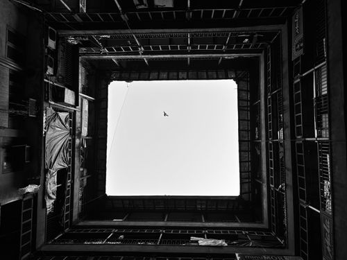 Free A lone bird flies above an urban courtyard, framed by surrounding buildings in Kolkata, India. Stock Photo