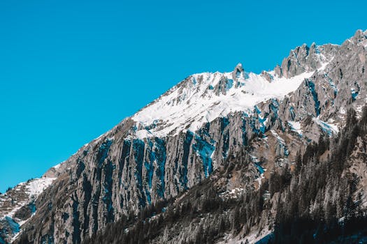 Stunning snow-covered peaks of the Austrian Alps under a clear blue sky in winter.