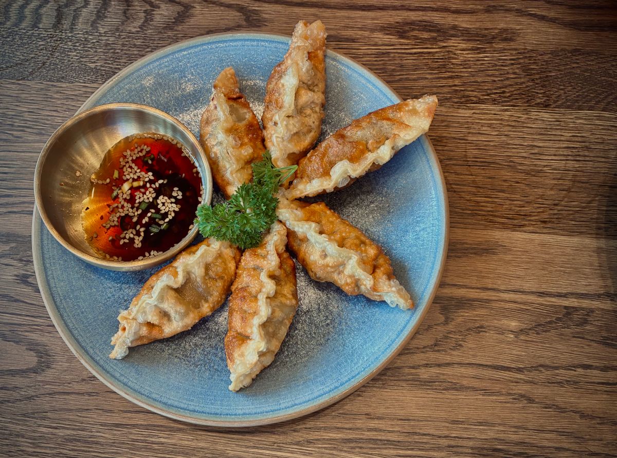 Golden pan-fried gyoza arranged in a star on a blue plate with sesame dipping sauce