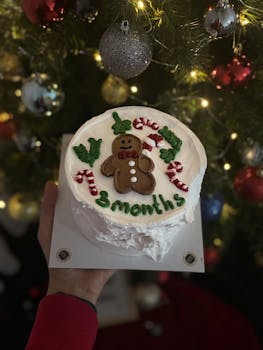 Hand holding a Christmas cake decorated with gingerbread and candy canes.