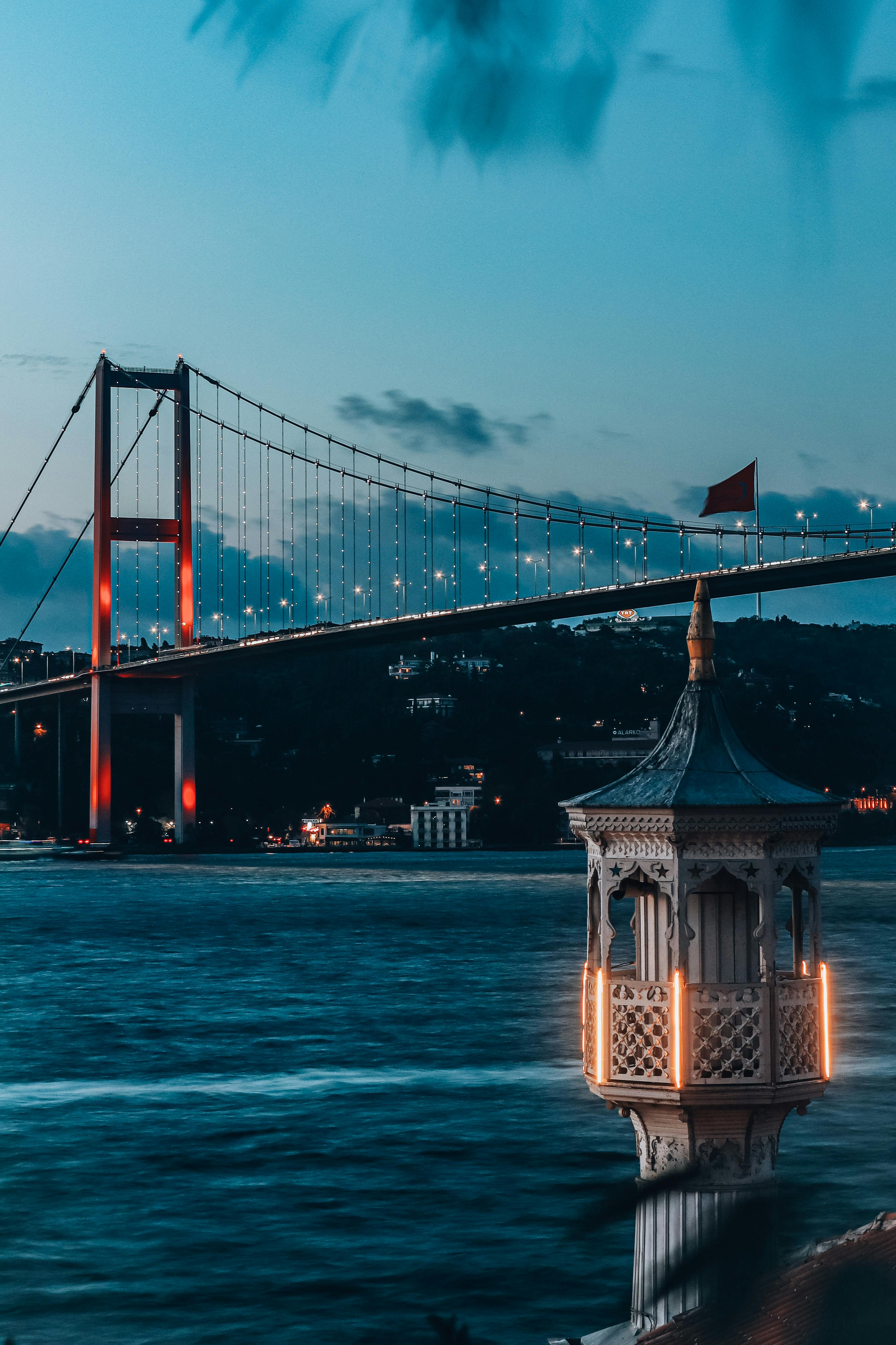Stunning twilight view of Bosphorus Bridge in Istanbul, Turkey, with serene waters and vibrant city lights.