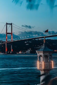 Stunning twilight view of Bosphorus Bridge in Istanbul, Turkey, with serene waters and vibrant city lights.