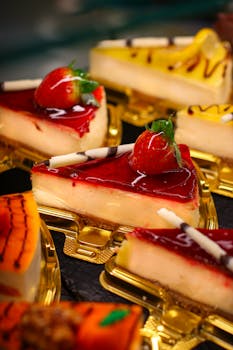Close-up of gourmet strawberry cheesecake slices with vibrant toppings displayed on golden trays.