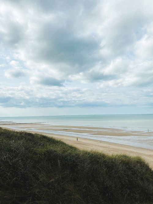 Free Tranquil beach scene with grassy dunes and cloudy sky. Peaceful and natural. Stock Photo