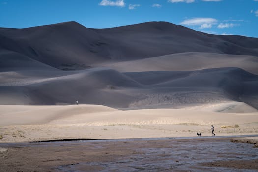 A lone dog walker traverses the vast dunes of Great Sand Dunes National Park, Colorado, USA.